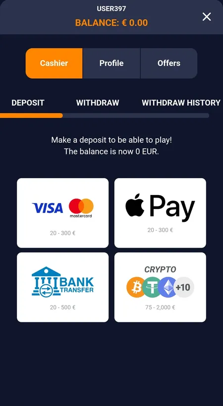 Bass Win cashier showing deposit methods and welcome bonus cards after registration