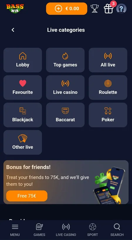 Live casino lobby showing roulette, blackjack and baccarat categories