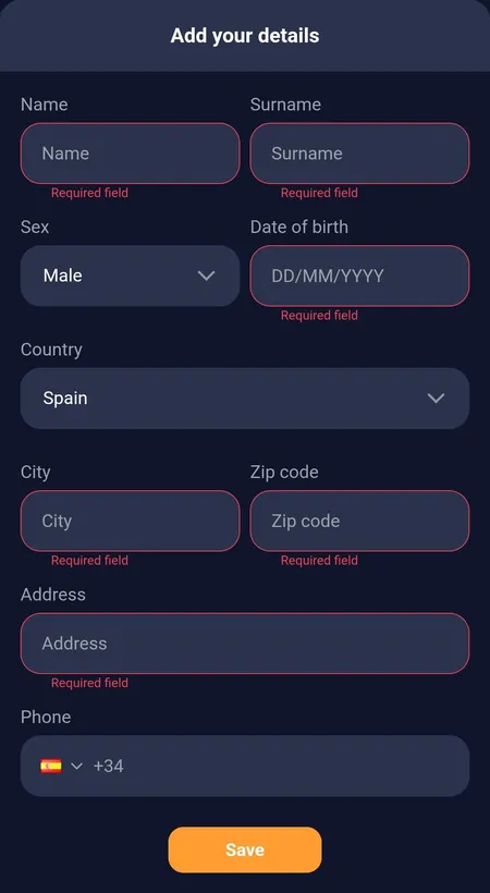 Bass Win profile form with name, address and phone fields for KYC matching