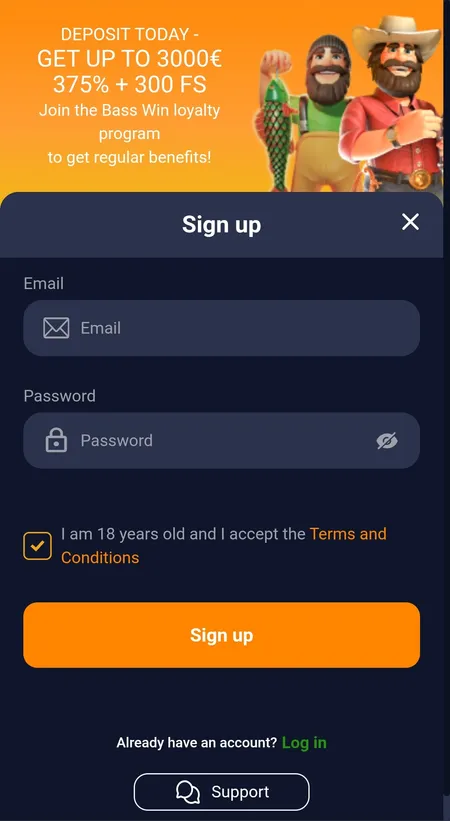 Bass Win sign-up modal with email, password and age confirmation fields