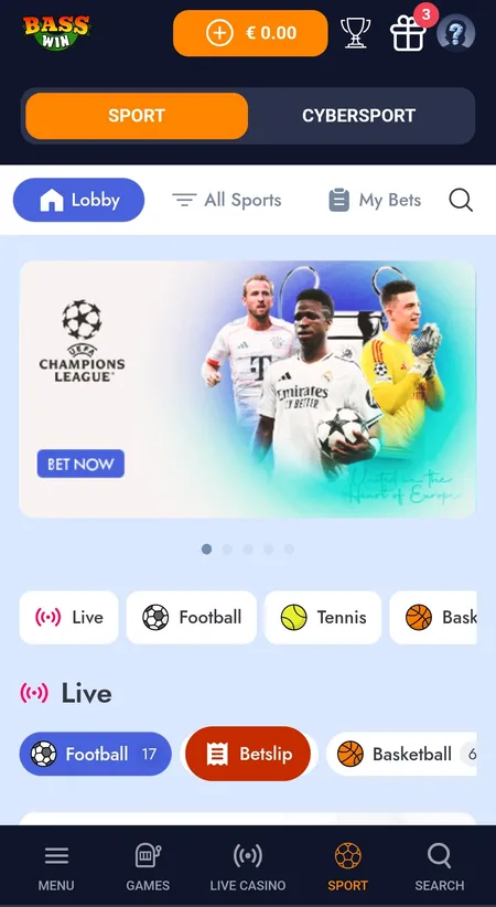 Sports lobby accessible immediately after registration and profile completion
